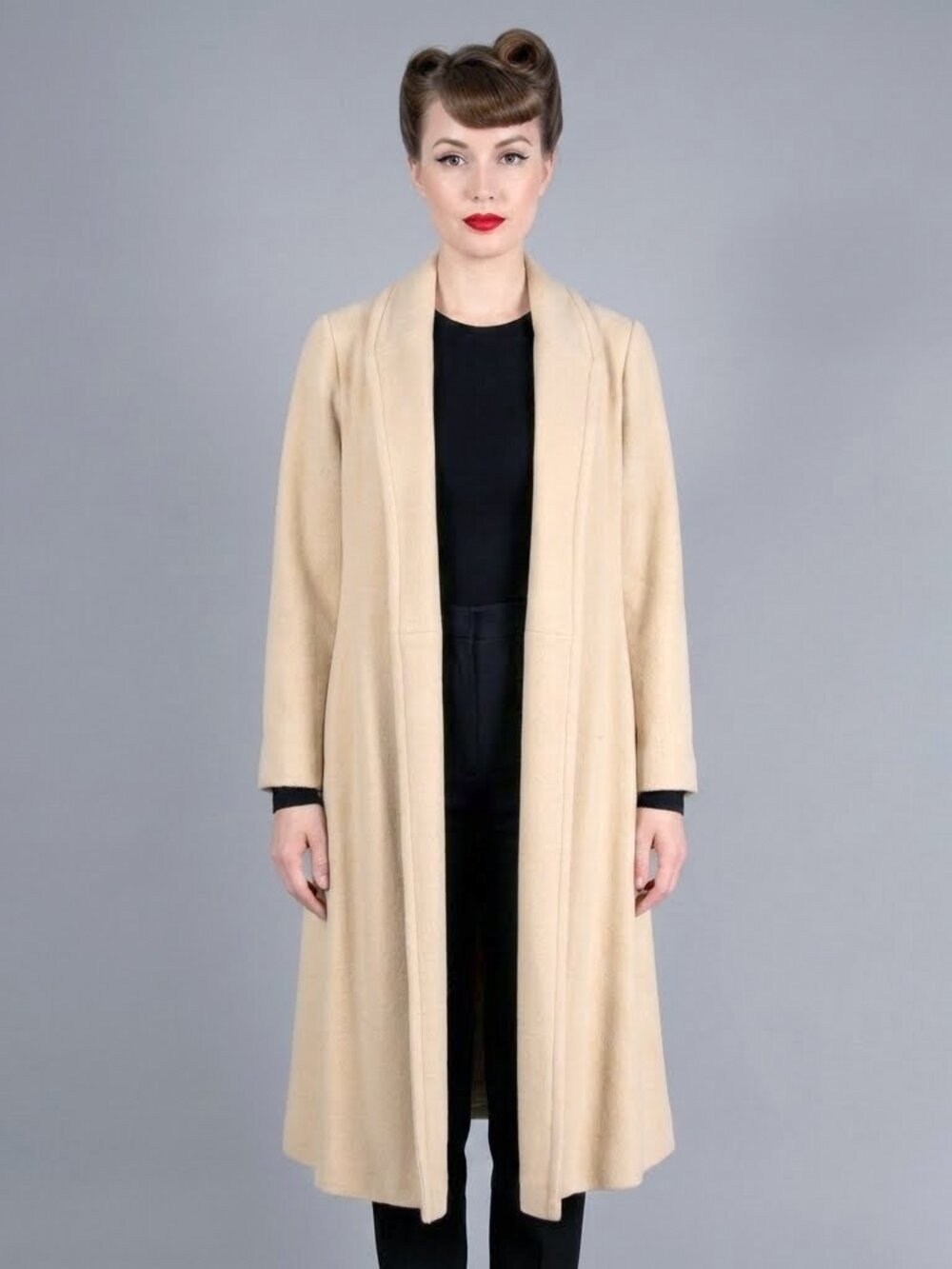 S M Vintage 60s Lorendale Ivory CASHMERE Long Simple Minimal Jacket Coat 70s